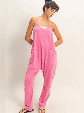 NEW Double Zero Fuchsia Pink Mineral Wash Spaghetti Strap Jumpsuit Size Small